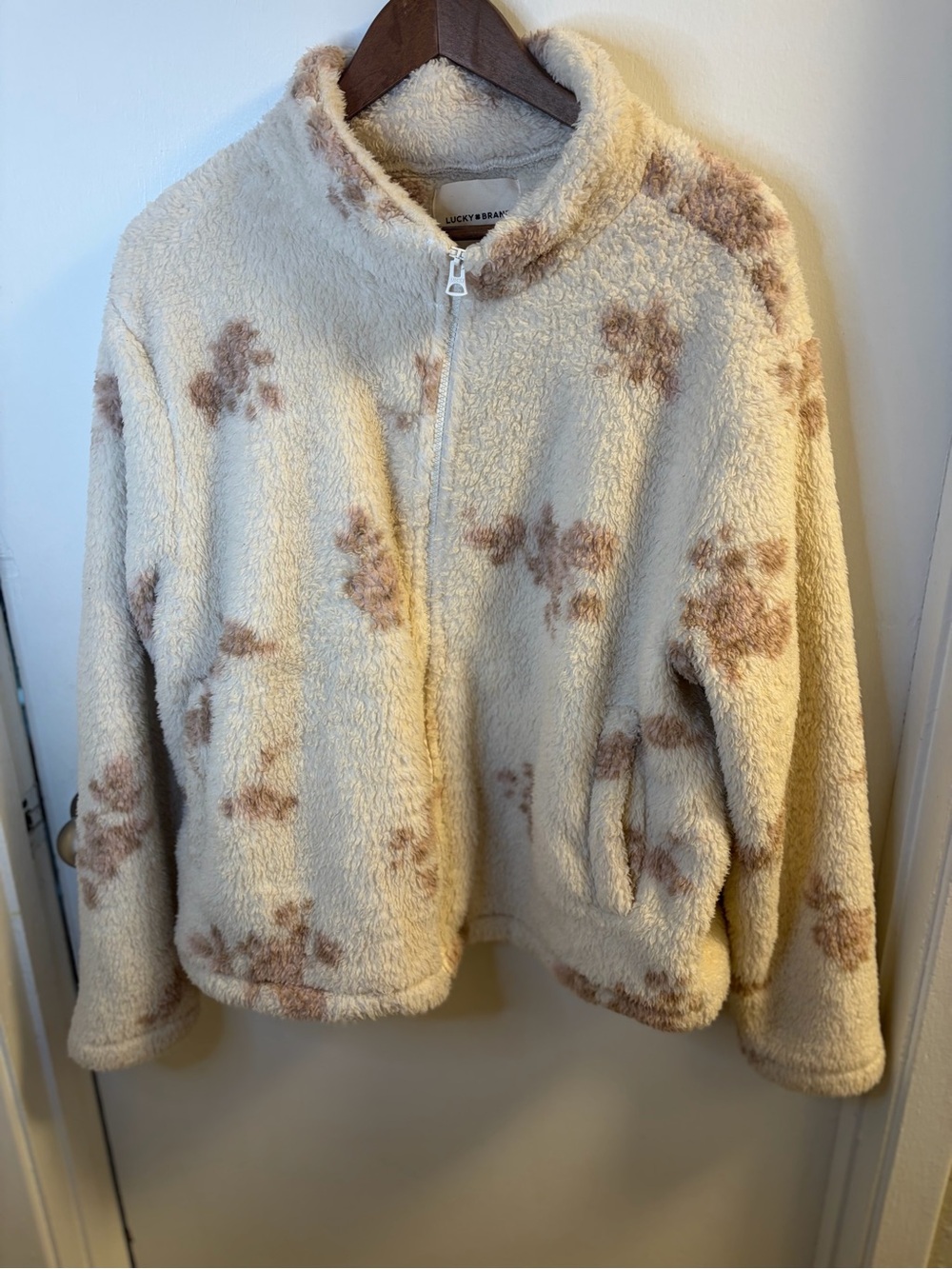 Lucky Brand Sherpa Fleece Jacket Women’s XL Cream Brown Floral Full Zip boho